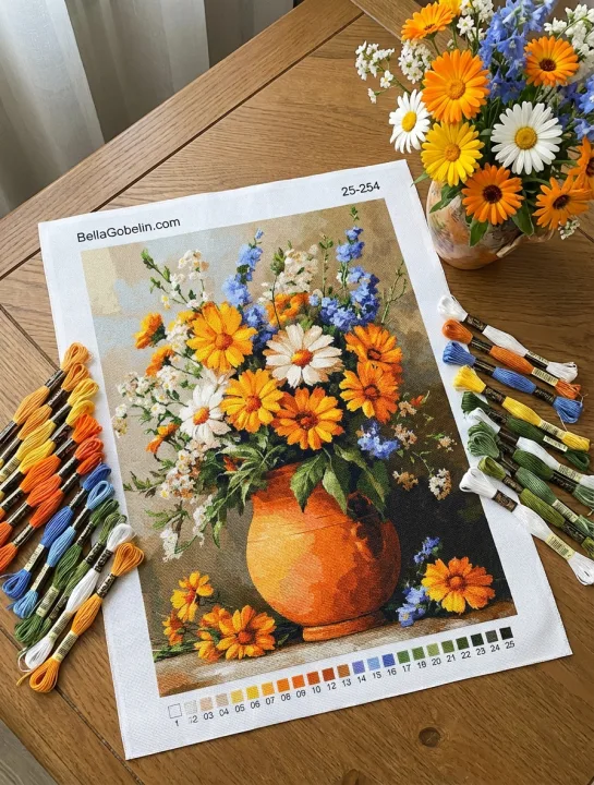 Blumenstrauß in einem Tonkrug