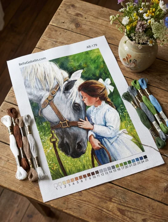 Kleine Dame mit weißem Pferd