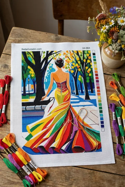 Dame in bunter Kleidung