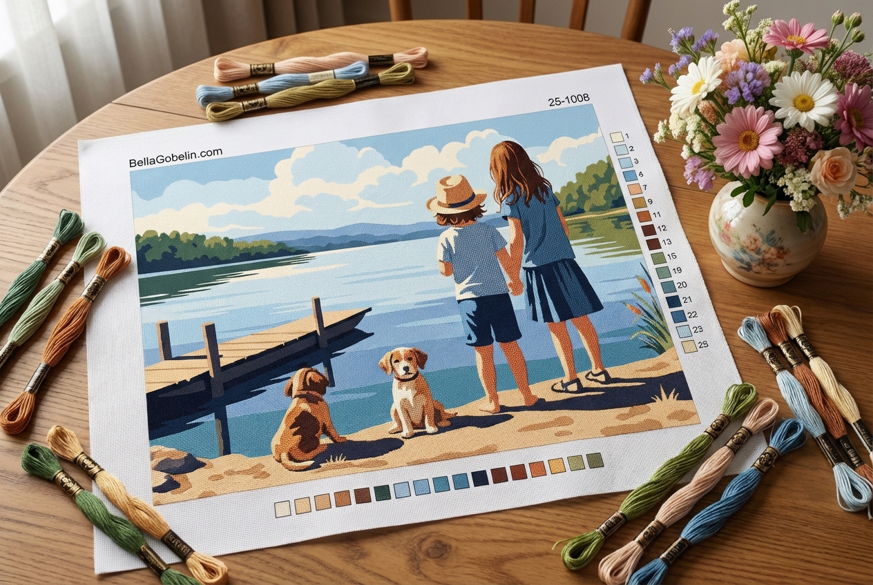 Kinder und Welpen am See