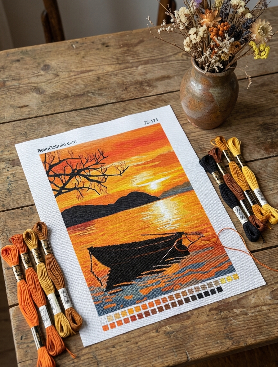 Einsames Boot im Sonnenuntergang