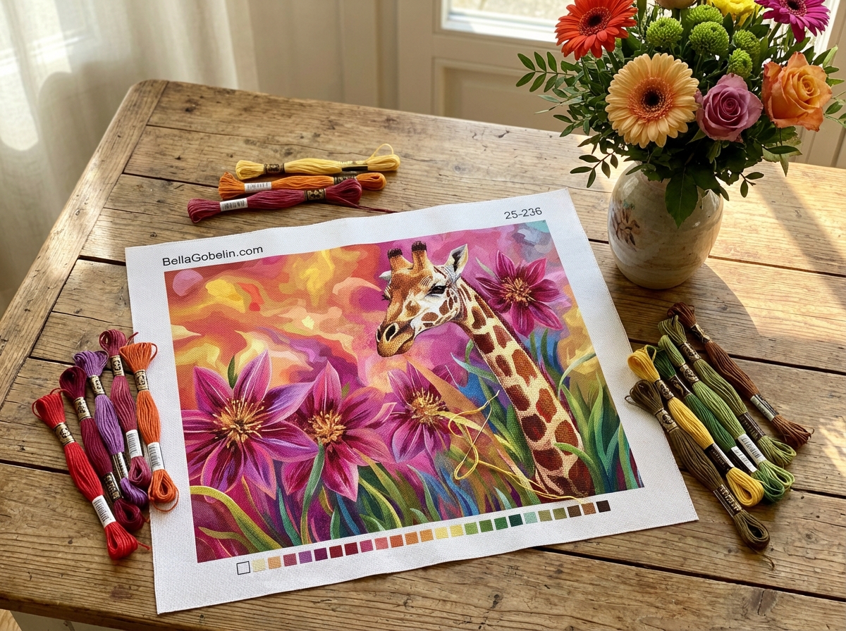 Giraffe zwischen Blumen