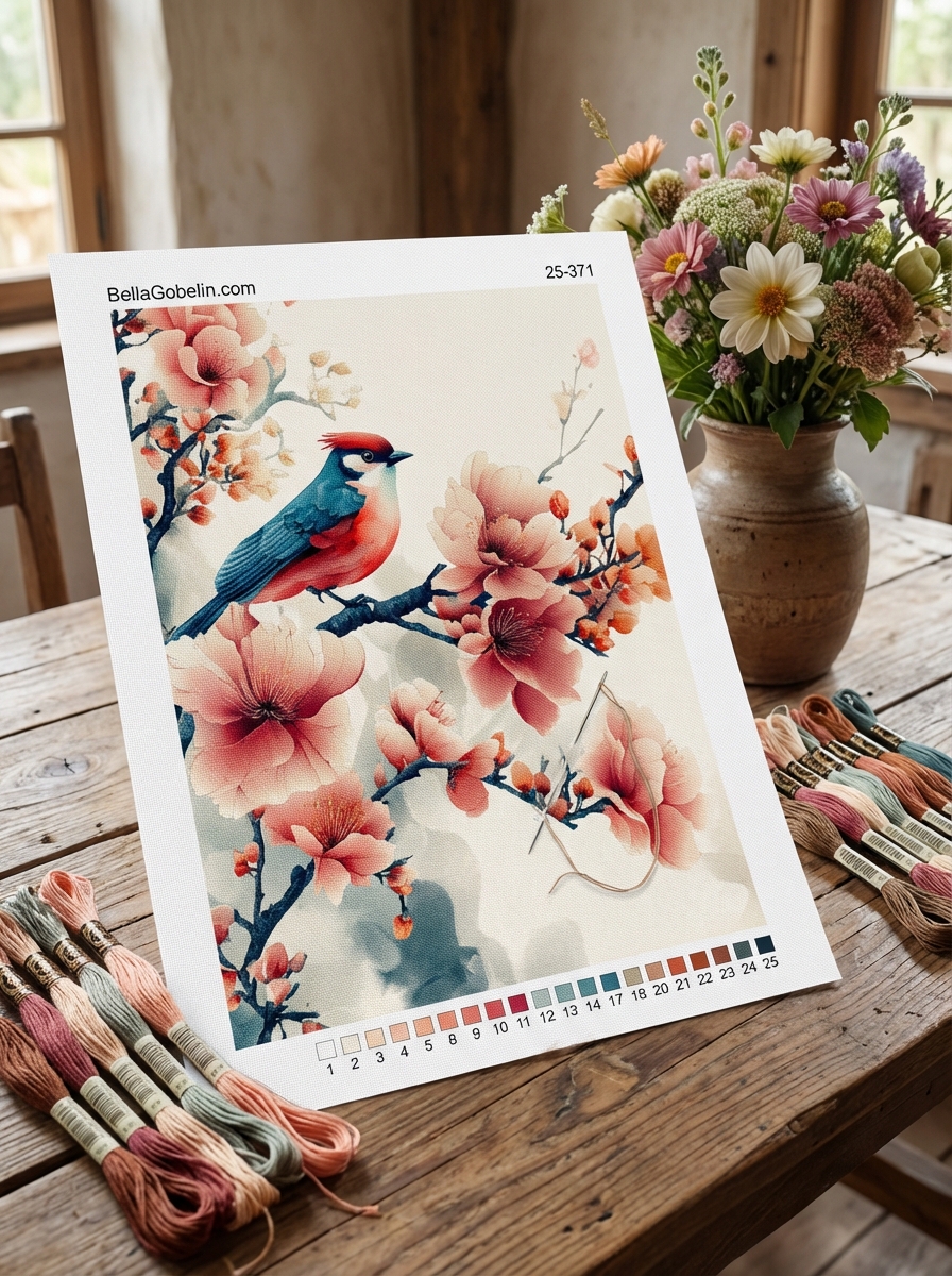 Chinesischer Stil: kleiner Vogel auf einem blühenden Ast