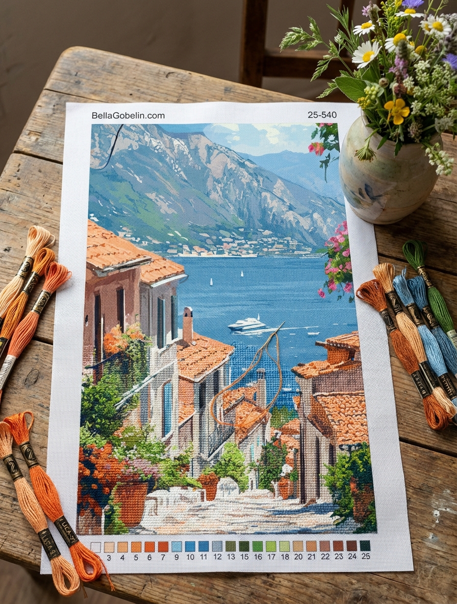 Mittelmeerstraße mit Meerblick und Blumen