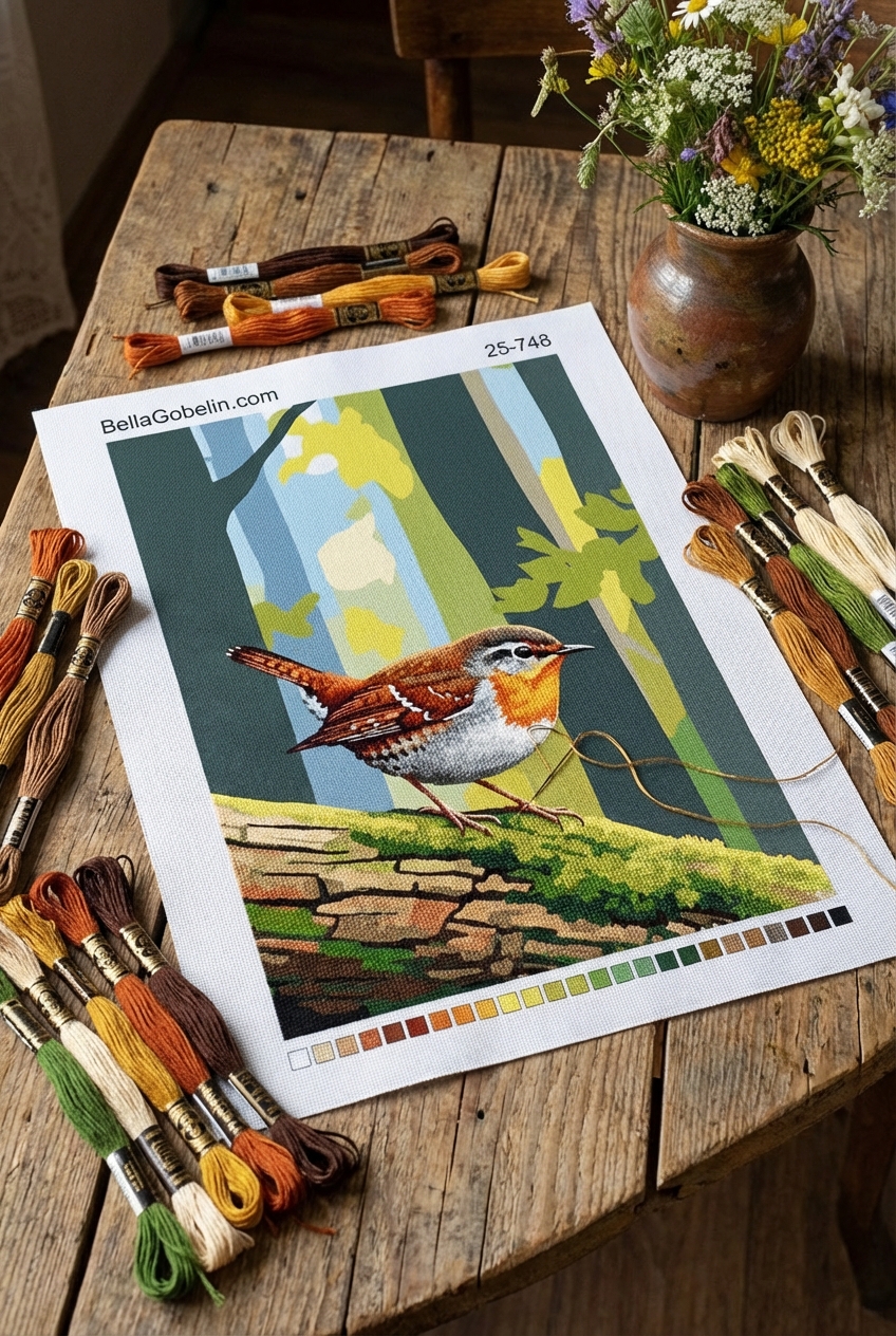 Kleiner Vogel am moosbedeckten Zweigart-Leinwand