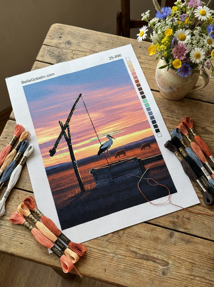 Brunnen mit Storch – Abendszene