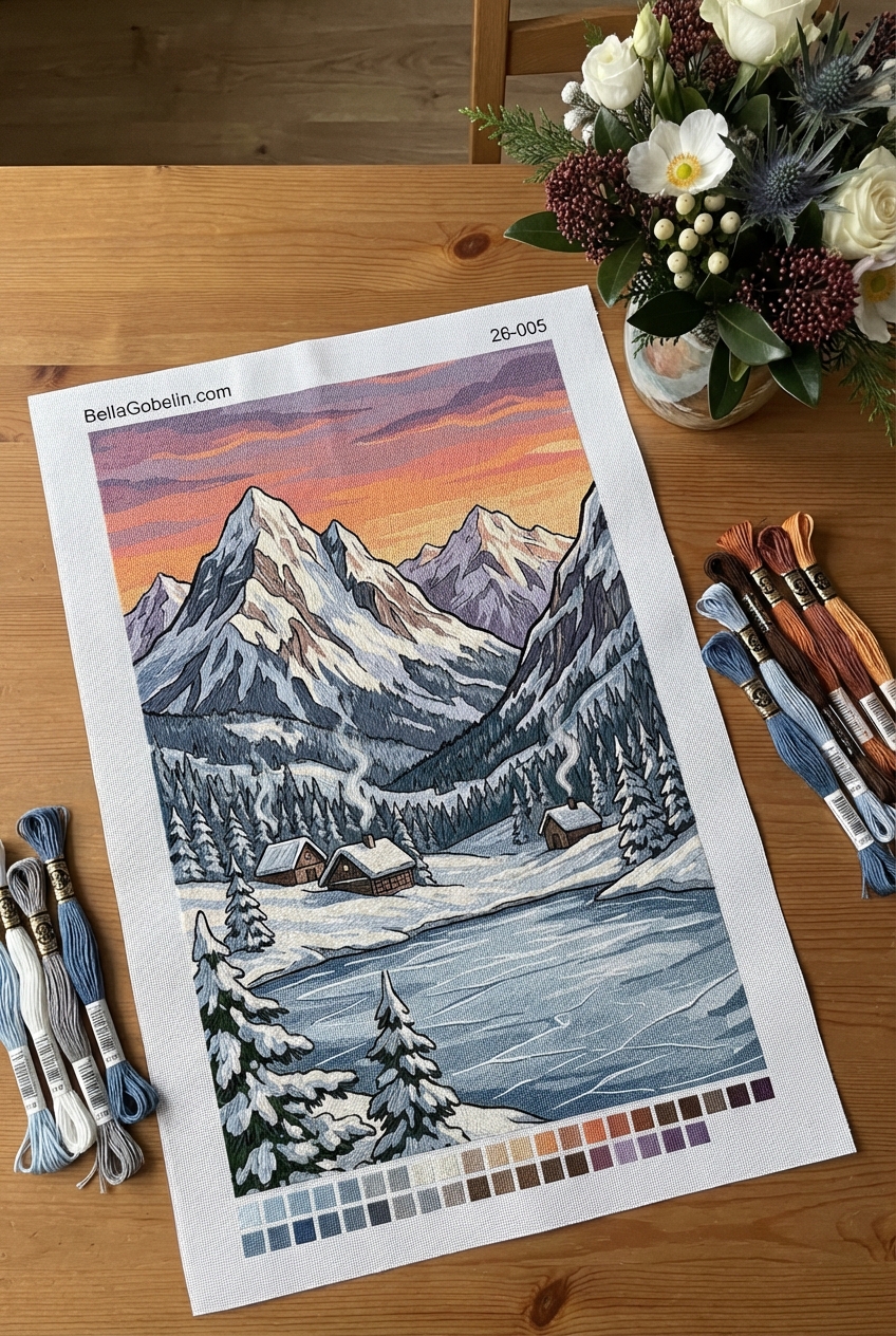 Kleines Bergdorf am Ufer eines zugefrorenen Sees