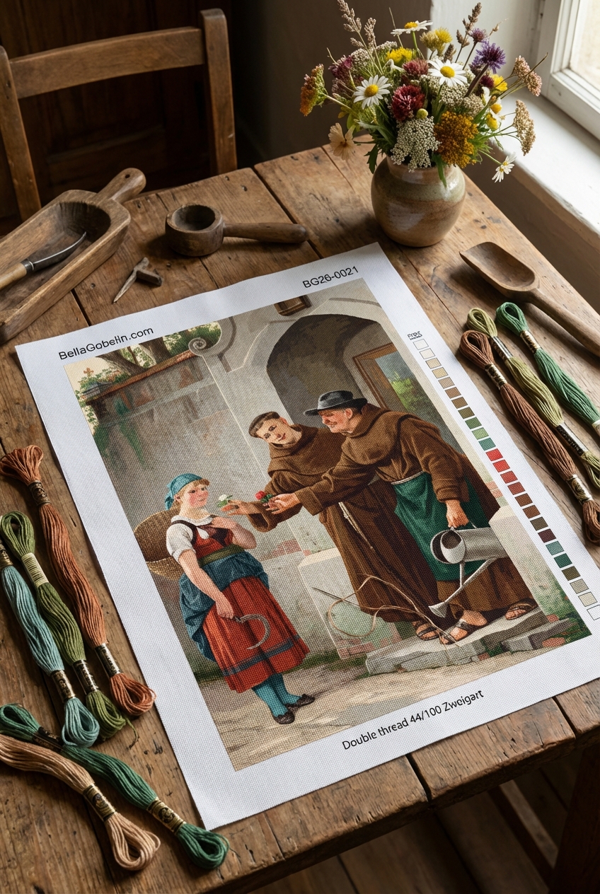 Freundliche Mönche verschenken Blumen