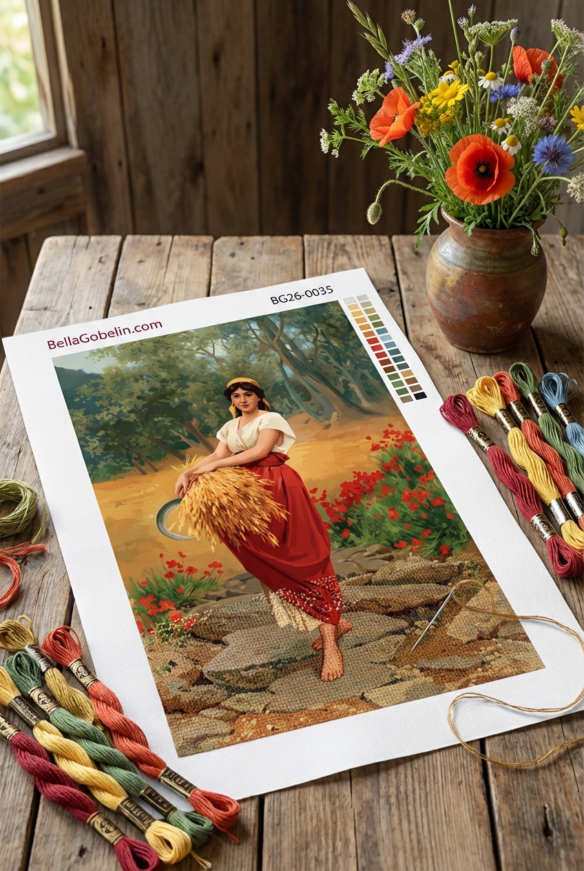 Erntearbeiterin in einer Landschaft mit Gobelin-Dekor