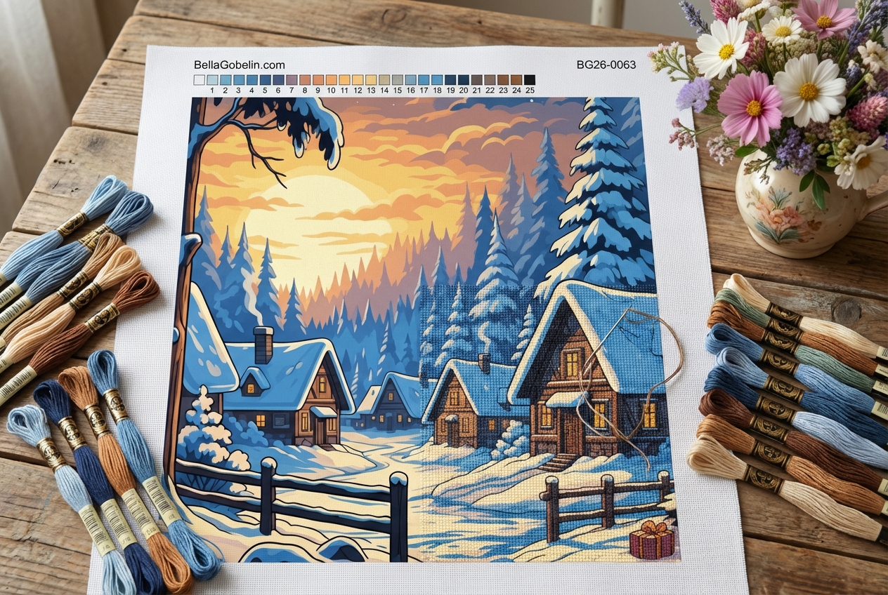 Ein winterliches Dorflfallfest mit Stickerei in Gobelin-Technik