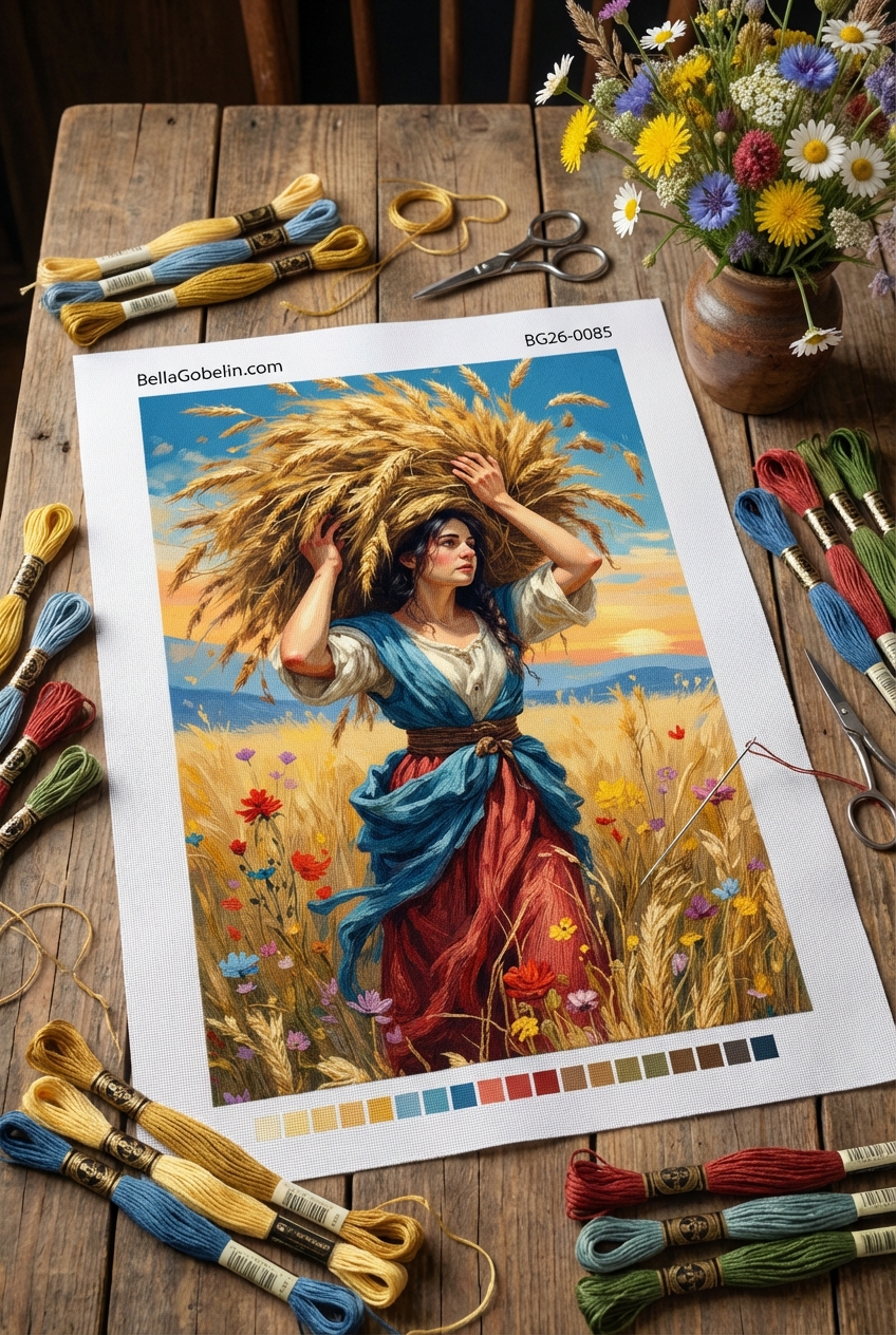 Erntende Frau auf dem Feld