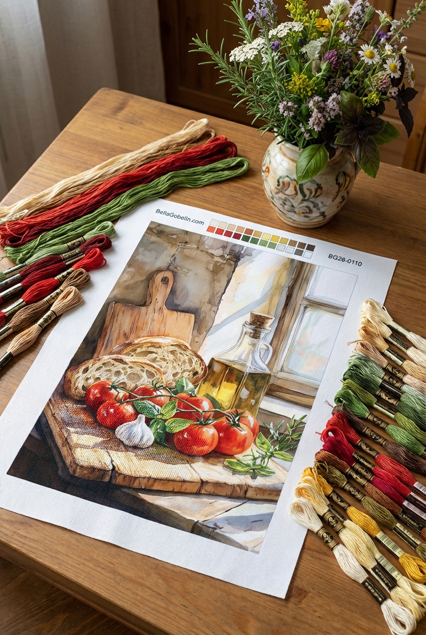 Stilleben mit Brot und Tomaten (Gobelintapestry)