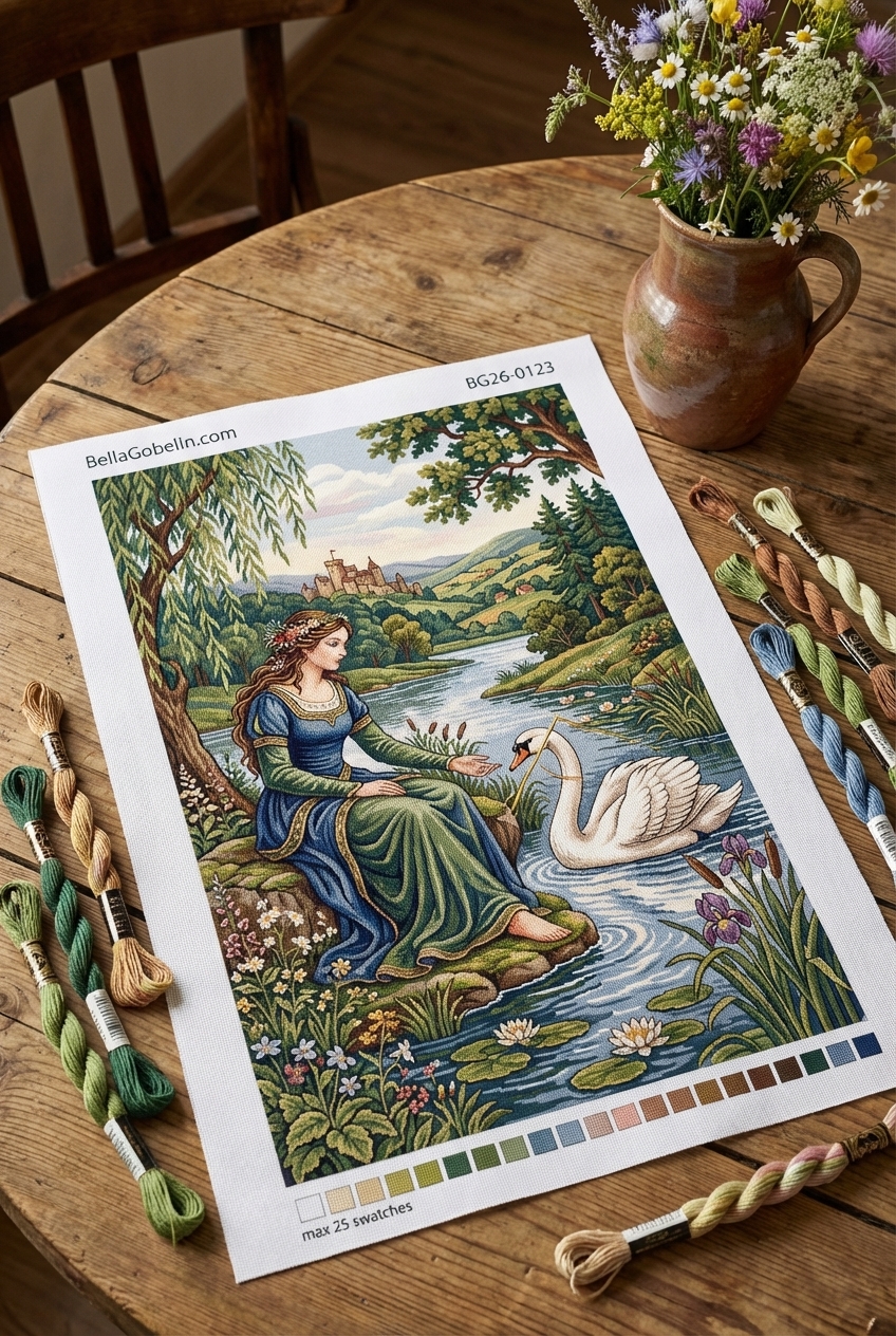 Frau mit Schwan in Landschaftsbild