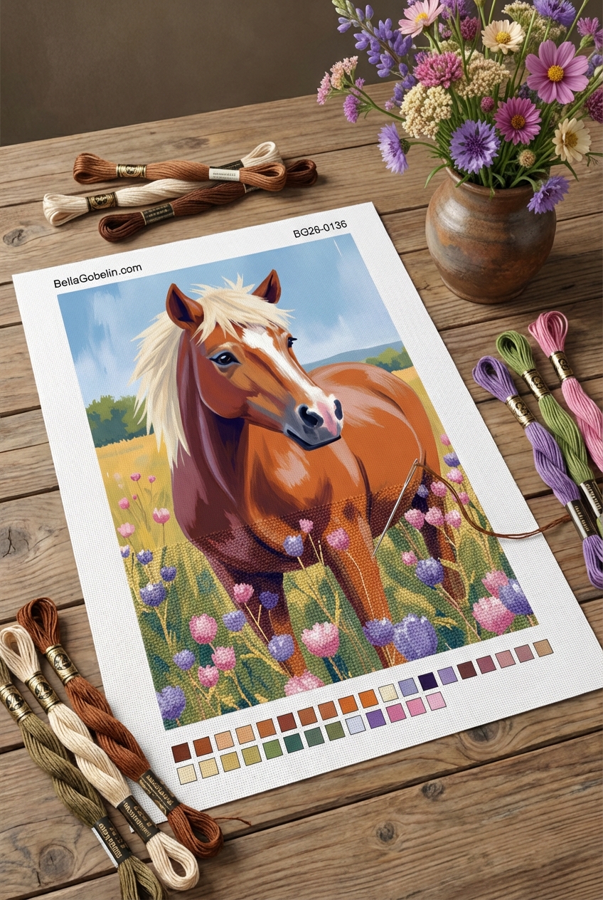 Pferd auf einem Blumenfeld in der Gobelin-Technik
