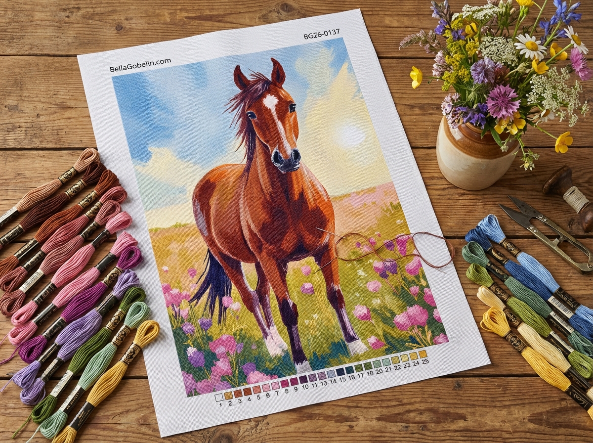 Pferd auf einem Blumenfeld in der Gobelin-Technik
