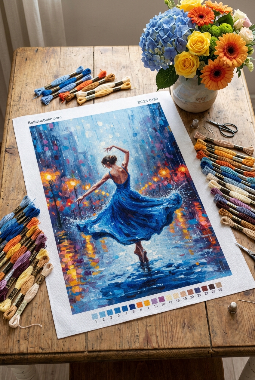 Der Regentanz der Ballerina im blauen Kleid