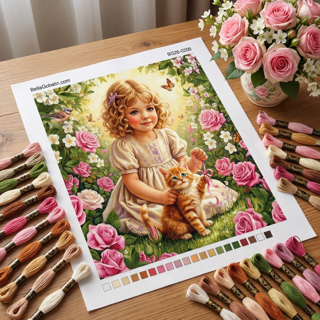 Mädchen, Kätzchen, Rosengarten-Idylle.