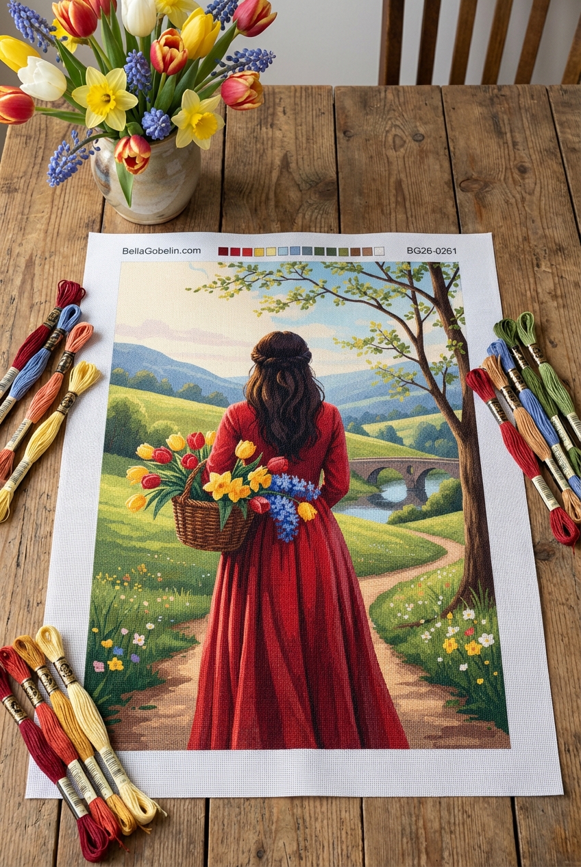 Blumenfrau in Landschaft