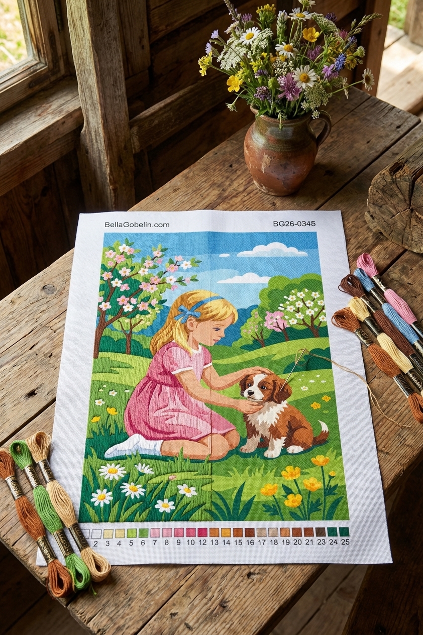 Mädchen mit Hund in Frühlingslandschaft