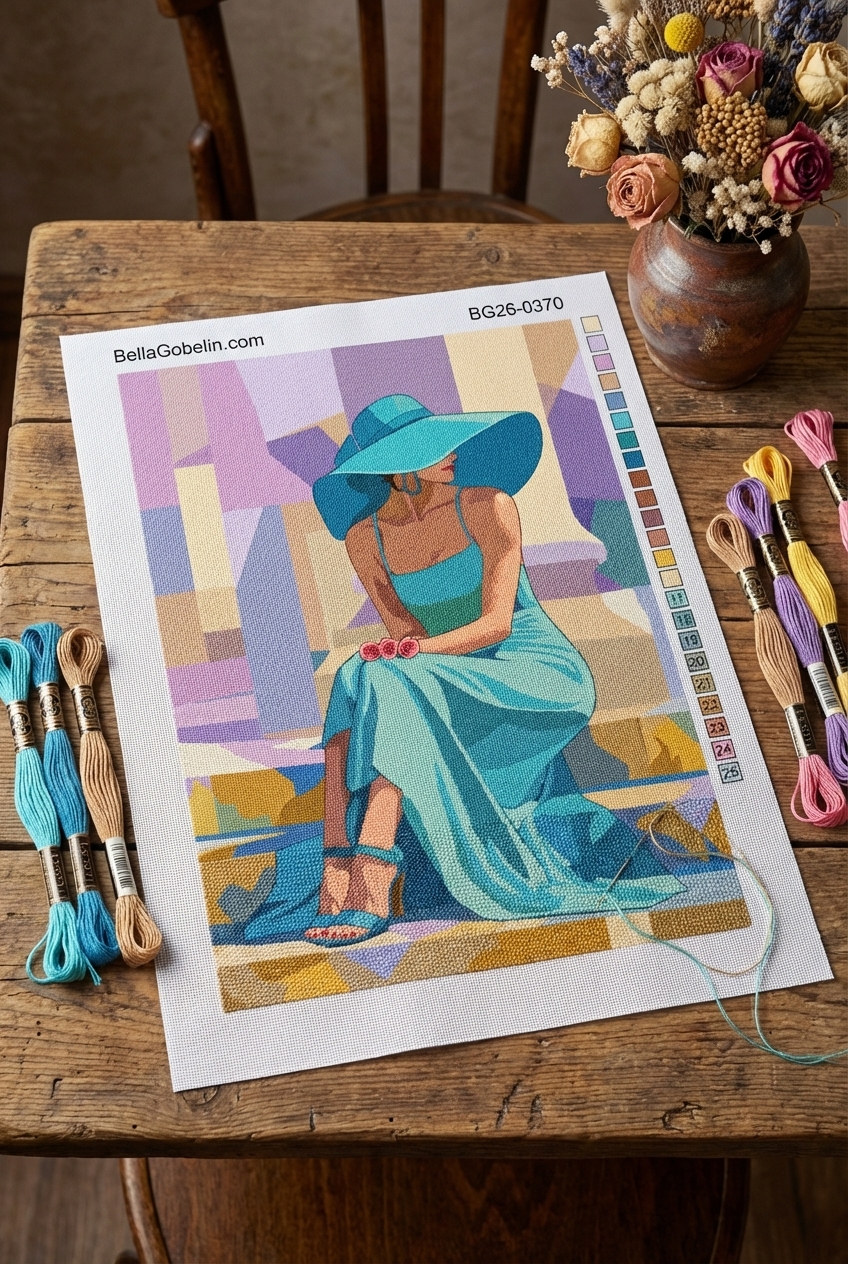 Frau in blauem Kleid