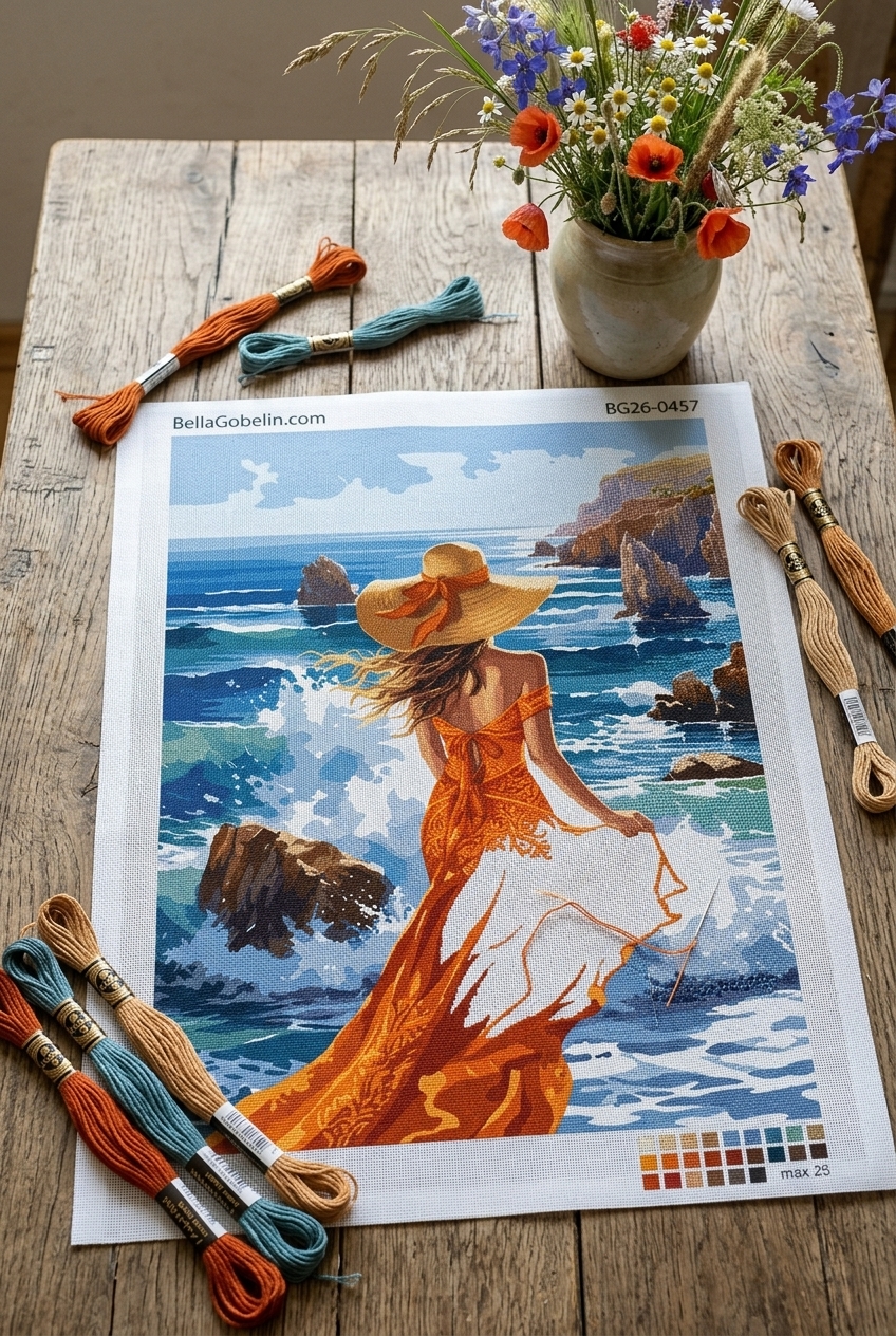Frau im orangefarbenen Kleid beim Sticken am Strand