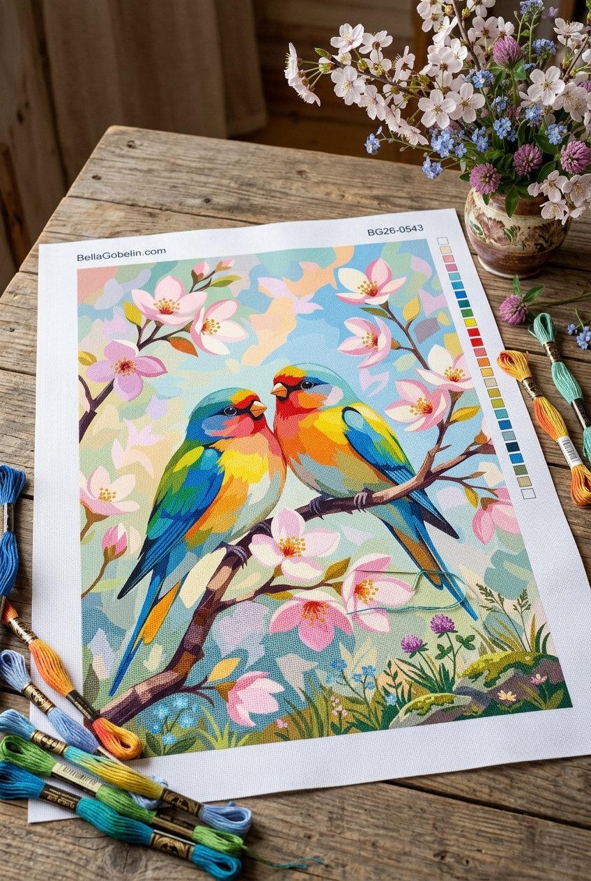 Bunte Vögel auf blühendem Zweig