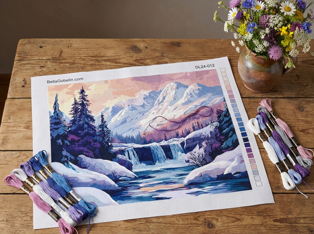 Wasserfall am Fuß des verschneiten Berges