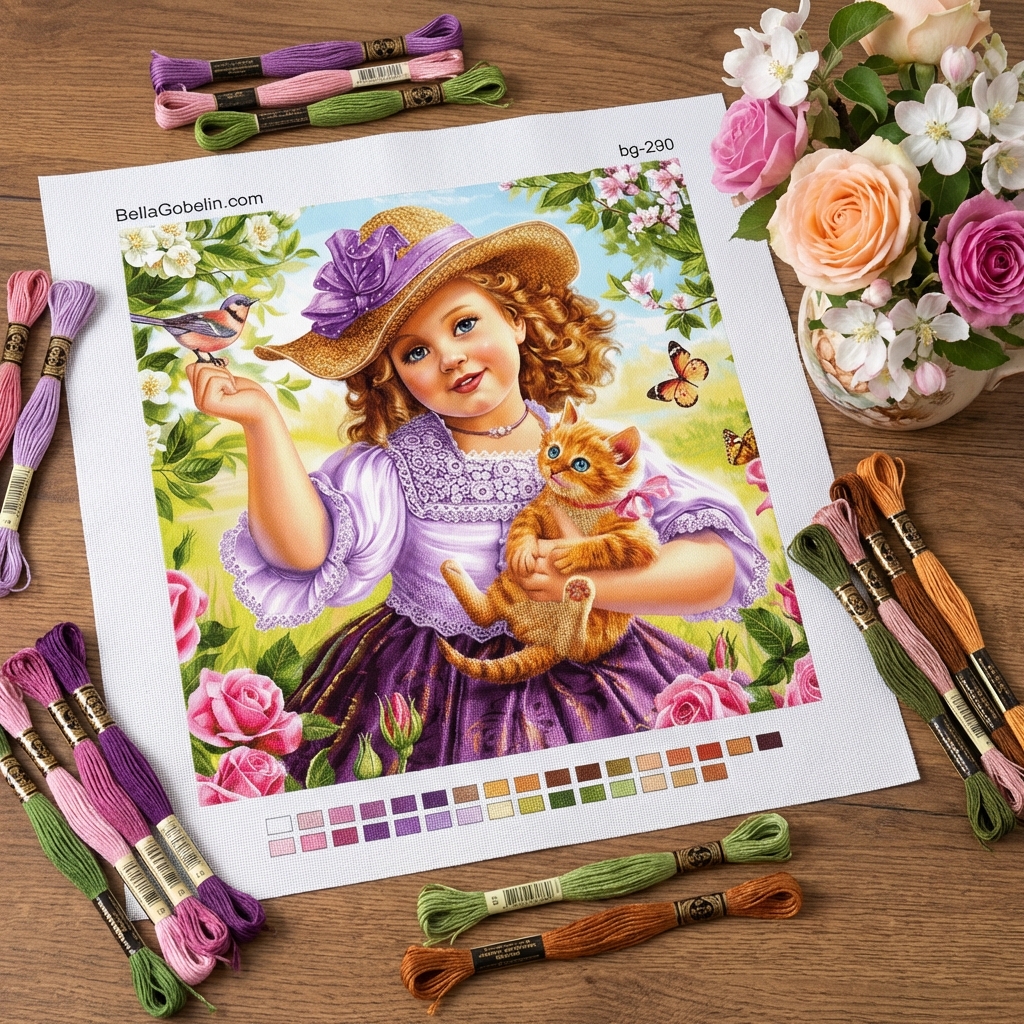 Mädchen im Garten mit einem Kätzchen