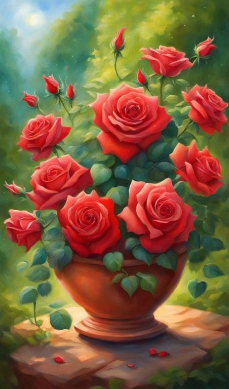 Rote Rosen im Topf
