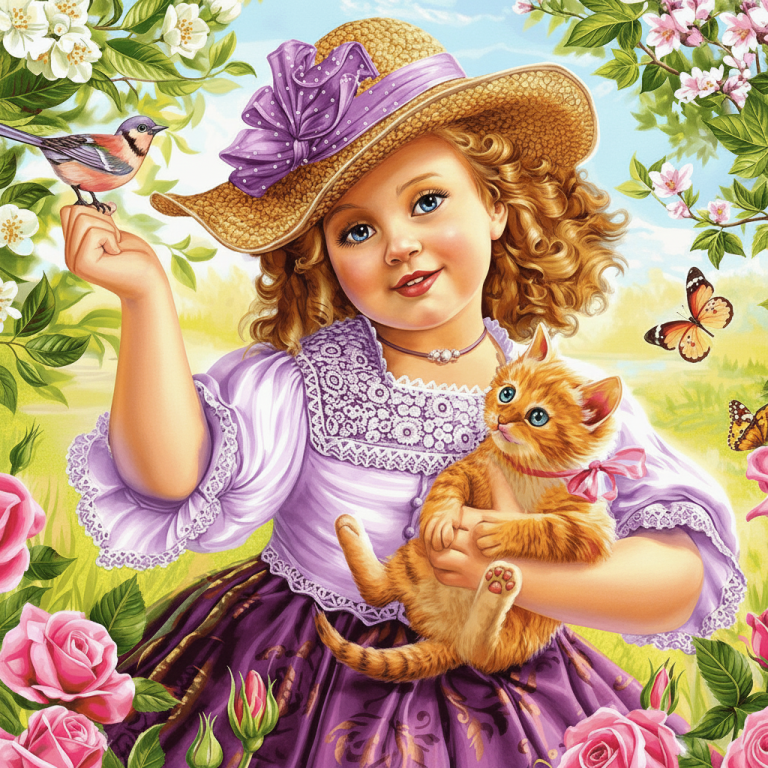 Kislány a kertben kiscicával