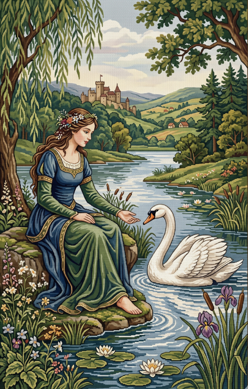 Nő hattyúval tájképben
