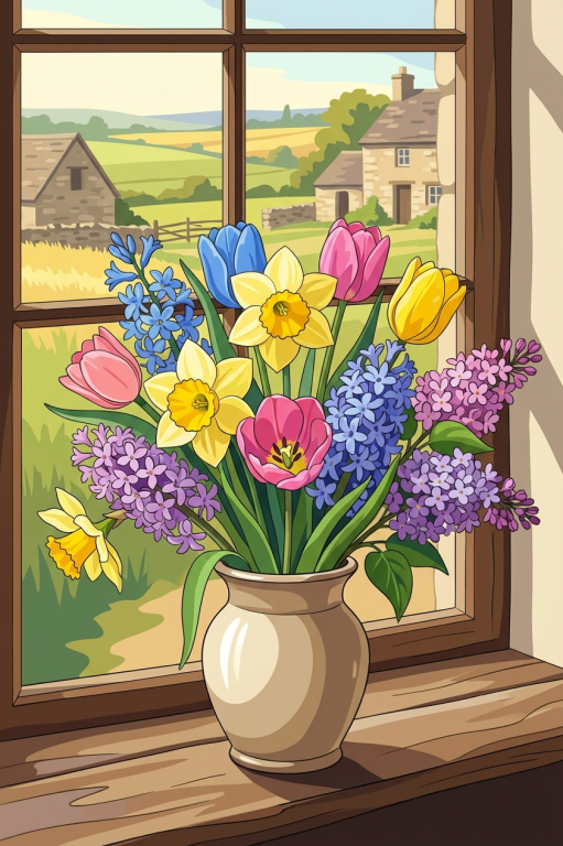 Színes csokor az ablakban