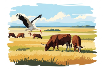 Ungarische Landschaft mit Storch und Rindern