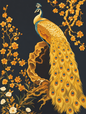 Goldener Pfau auf blühenden Ästen
