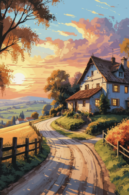 Landschaft bei Sonnenuntergang mit Gobelin-Design