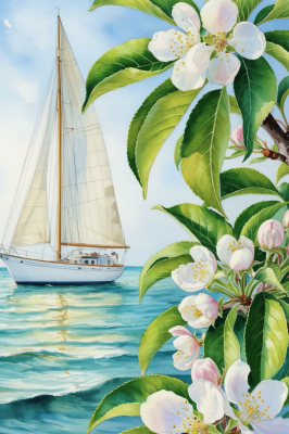 Segelboot mit Meeresmotive und Blumen, Küstenlandschaft
