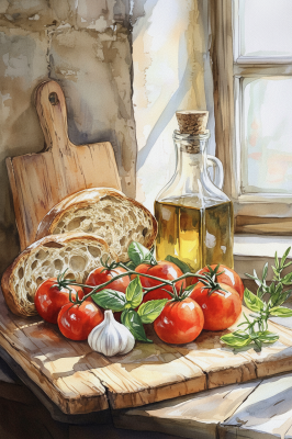 Stilleben mit Brot und Tomaten (Gobelintapestry)