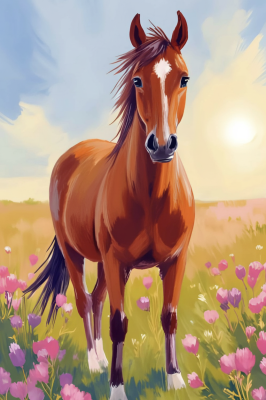 Pferd auf einem Blumenfeld in der Gobelin-Technik
