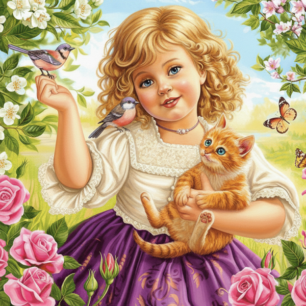 Kleines Mädchen, Katze und Vögel.
