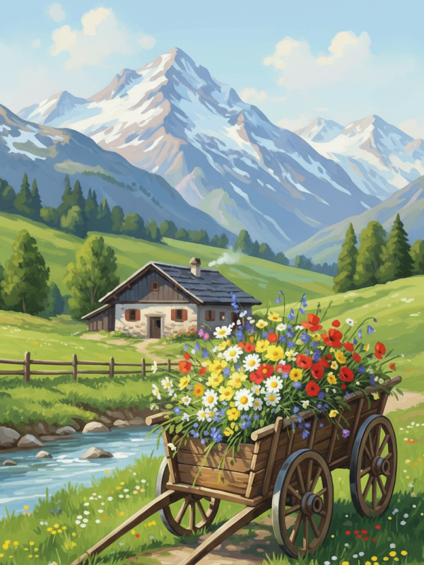 Alpenlandschaft mit blumigem Wagen – BG26-0225