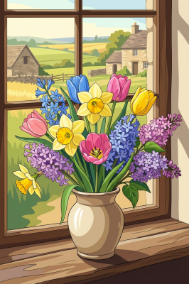 Ein bunter Blumenstrauß im Fenster