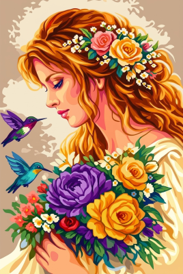 Dame mit Blumenstrauß und Kolibris