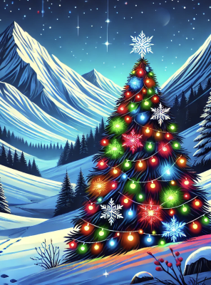 Strahlender Weihnachtsbaum in den Bergen