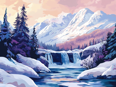 Wasserfall am Fuß des verschneiten Berges