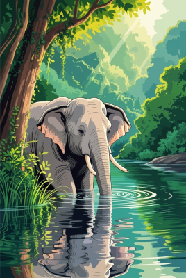 Elefant am Dschungelbach (Gobelin)