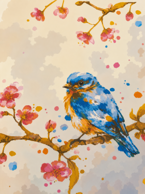 Blauer Vogel auf blühendem Ast