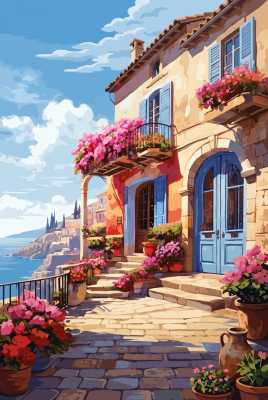 Mediterranes Küstenhaus mit Blumen (Gobelin)