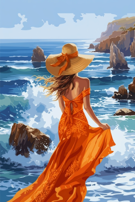Frau im orangefarbenen Kleid beim Sticken am Strand