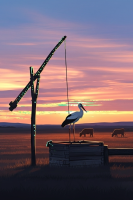 Brunnen mit Storch – Abendszene