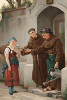 Freundliche Mönche verschenken Blumen